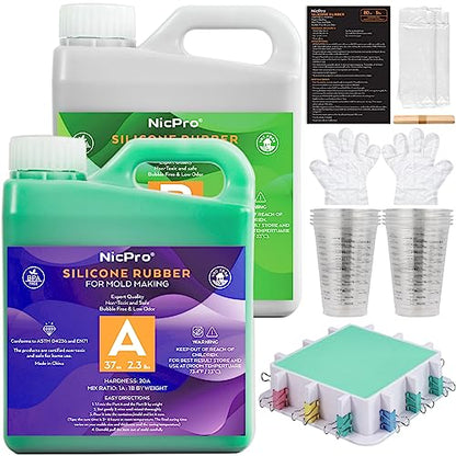 Nicpro 74oz Silicone Mold Making Kit 20A, Platinum Liquid Silicones Rubber | with Molds Housing & Mixing Cups for Mold Maker, Flexible & Food Safe Mix Ratio 1:1 for Casting Resins Jewelry, Craft Molds - size: 74oz