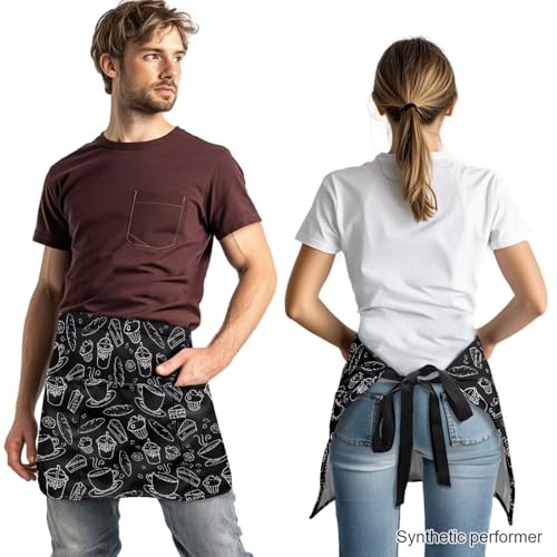 Waist Apron with 3 Pockets Waterproof 13 Inch Short Half Waist Aprons Women Men Server Aprons Waitress Waiter Apron - color: Food Print