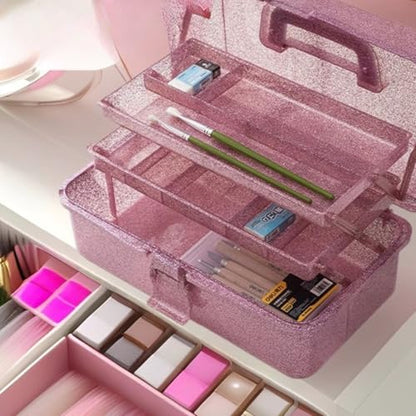 Saim 3-Layer Storage Bin, Carry Organizer Box for Art Craft Makeup Supplies - color: Pink