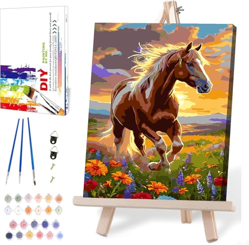 MIRCVSH Horse Paint by Numbers Kit for Adults, Framed Animals Paint by Number Kit on Canvas with Wooden Easel for Home Wall Decor, 12x16 Inch - color: DKH136
