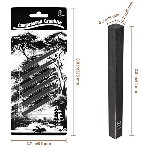 MyLifeUNIT Compressed Charcoal Sticks (2 Soft, 2 Medium and 2 Hard), Square Compressed Graphite Drawing Pencils for Artists (2H, HB, 2B, 4B, 6B and 8B)