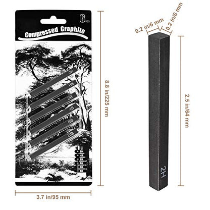 MyLifeUNIT Compressed Charcoal Sticks (2 Soft, 2 Medium and 2 Hard), Square Compressed Graphite Drawing Pencils for Artists (2H, HB, 2B, 4B, 6B and 8B)