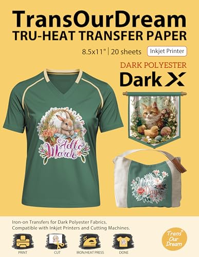 TransOurDream Heat Transfer Paper for Dark Polyester Fabrics (Dark X, 8.5"x11", 20 Sheets) Printable Iron on Heat Transfer Vinyl for Inkjet Printer - color: Darkx, size: 20 Sheets