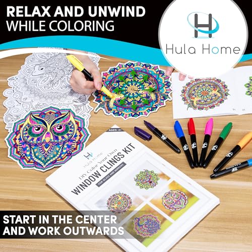 Hula Home Stained Glass Mandala Art Kit - Animal DIY Window Clings with Markers, 10 Suncatchers - Perfect Hobby for Adults, Kids, Teens & Seniors - Ideal Gift for Beginners, Women & Elderly - New - size: New Animal Stained Glass Style