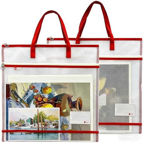2 Pack 16.5x17 Inch Art Portfolio Bags, Portfolio Folder for Artwork, Posters Storage Case with Zipper and Handle Mesh Folder Organizers for Poster Storage, Scrapbook（Red） - color: Red