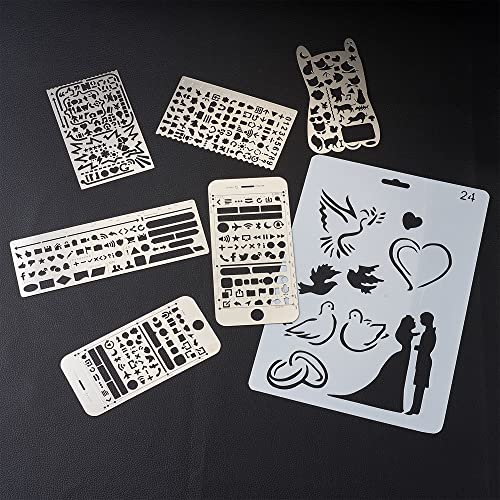 KISSITTY 10Pcs/Set Plastic & Stainless Steel Drawing Stencil Kits Reusable Painting Stencil Bookmark Metal Journal Templates Craft Stencils for DIY Scrapbook Album Wedding Card Journal Painting
