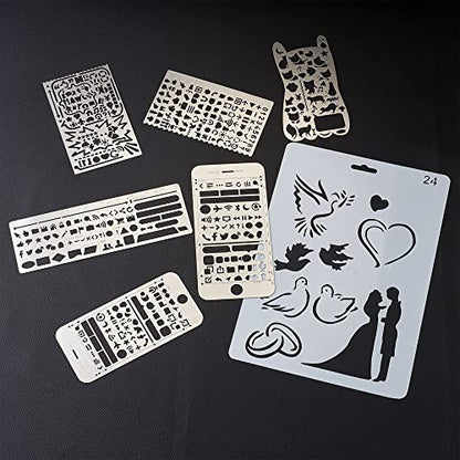 KISSITTY 10Pcs/Set Plastic & Stainless Steel Drawing Stencil Kits Reusable Painting Stencil Bookmark Metal Journal Templates Craft Stencils for DIY Scrapbook Album Wedding Card Journal Painting