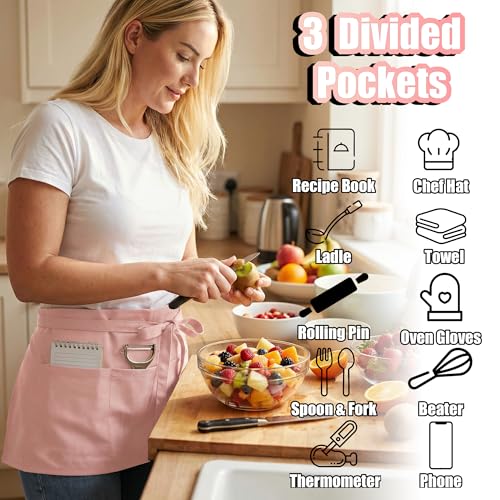 TOSHE Waist Apron 3 Pockets Waterdrop Resistant Cotton Server,Chef,Waitress - color: Powder Pink