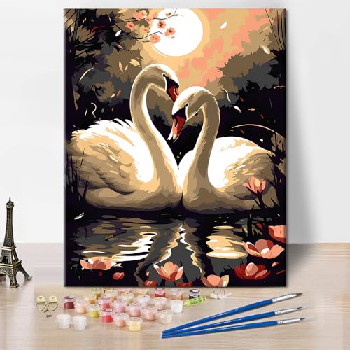 TUMOVO Two Swans on the Lake Paint by Numbers Craft Kit for Adults | Animal Art on 16x20 Inch Unframed Canvas with Acrylic Paints and 3 Brushes Relaxing DIY Craft and Wall Decor - color: Swans