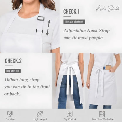 Polyester White/Black Bib Apron - 2 Large Pockets Women Aprons for Kitchen, Baking, Painting, and Halloween - color: White