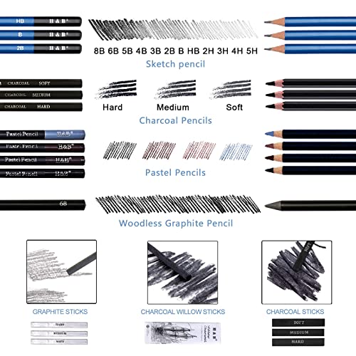 H & B 40 Piece Professional Sketch Pencil Drawing Kit,Complete Artist Kit, Including Graphite Pencils, Pastels, Sharpener and Eraser - size: 40 Piece Set