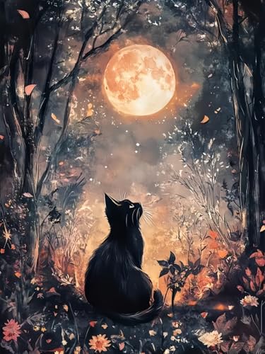 Black Cat Moon 5D DIY Diamond Painting Kits for Adults | Diamond Art Kits for Beginners, Full Drill Dot Painting Gem Art Kits for Home Wall Decor11.8 x15.7 Inch - color: KM563-1