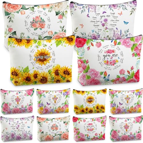 Christian Makeup Bags Bulk, 12 Pcs Inspirational Bible Verse Gifts for Women, Floral Canvas Zipper Bags with You Are Scripture Design for Mother's Day Church Group - style: Classic