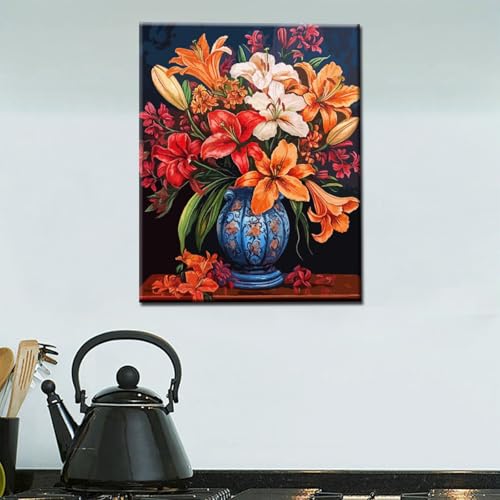 Tucocoo Lily Flowers DIY Paint by Numbers for Adults Colorful Blooming Flowers in Vase DIY Oil Painting Acrylic Paint Art Painting Kits Canvas with Acrylic Paint Floral Art 16x20 Inch （DIY Frame ） - color: Red Flower in Vase 06, size: 16''x20''(DIY Frame)
