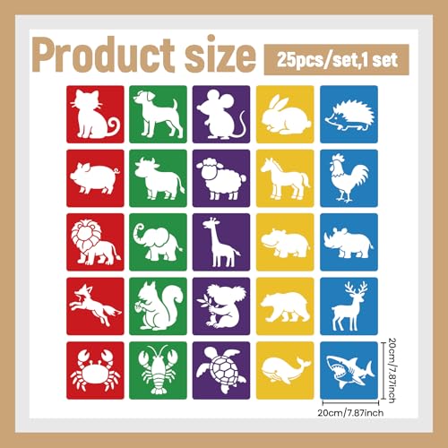 CUTHOLLOW Animals Fruit Plant Stencils, 24PCS 8-Inch Reusable Plastic | 24PCS 8-Inch Animals, Fruit & Plant Shapes, Reusable Washable Plastic, Painting, Crafts, Wall Art & Sidewalk Chalk - style: 25pcs-Animals