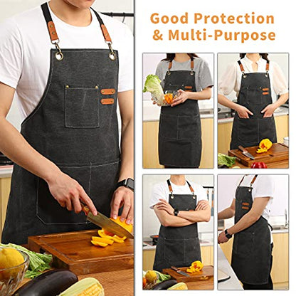 Tosewever Canvas Cross Back Chef Cotton Aprons for Men Women with Large Pockets - color: Beige