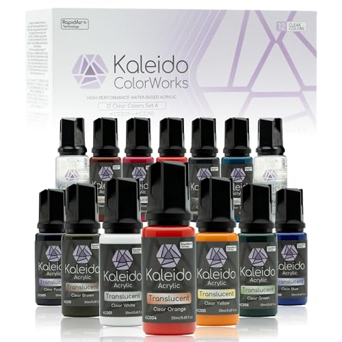 Gaahleri Kaleido Clear Colors 12-Color Set-Water-Based Acrylic Airbrush Paint Kit for Scale Models, Gundam, Gunpla,Mecha,Cars&Miniatures-Pre-Thinned, High Gloss, Fast-Drying, with Thinner&Cleaner - color: 12 Clear Colors Set