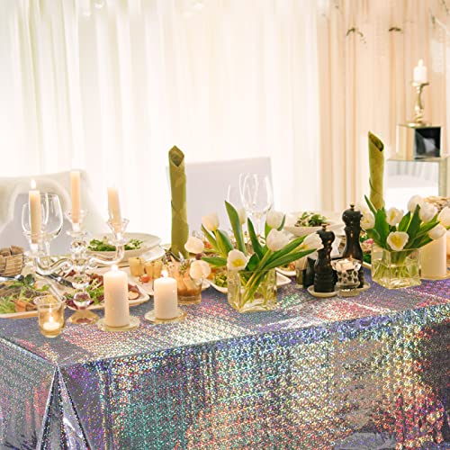 4 Pack Iridescent Plastic Tablecloths Shiny Disposable Laser Rectangle Table Covers Holographic Foil Tablecloth Iridescent Party Decoration Birthday Bridal Wedding Christmas 54"x108"(Silver) - color: Silver