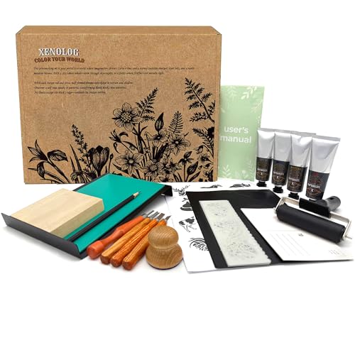 Xenolog Complete Block Printing Kit - All-in-One Lino Cutting Tools Set with Soft Rubber Blocks, Brayer, Ink & Storage Case - Deluxe Linocut Stamp Making Printmaking Supplies for Beginners