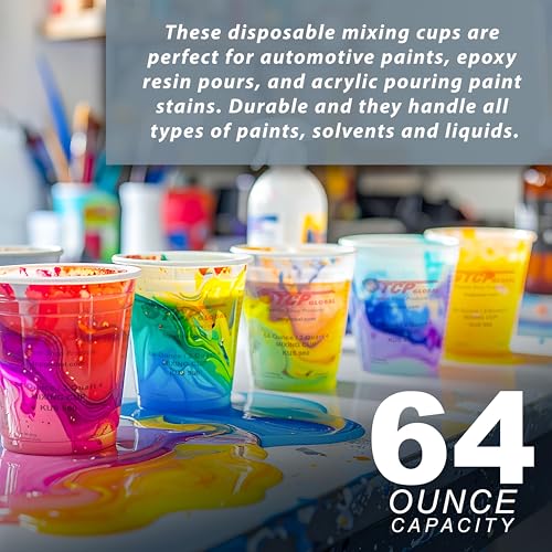 Custom Shop Paint Mixing Cups, 64-Ounce (12 Pack) - Plastic Measuring Cups for Liquids, Automotive Painting, Epoxy Resin, Acrylic Arts, Crafts, Disposable or Reusable, Graduated, Mixing Ratios