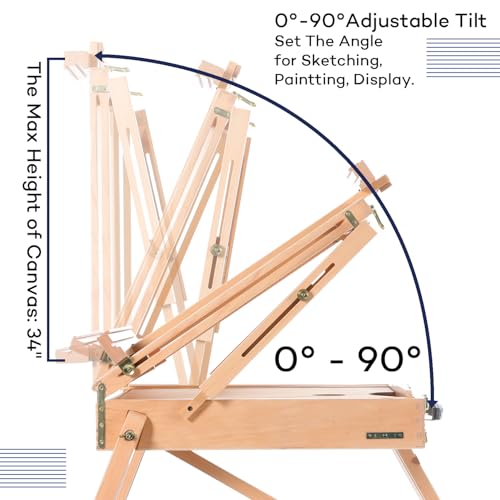 Artkey Beechwood French Easel with Sketch Box & Storage Drawer, Portable Folding Tripod Field Easel for Plein Air Painting, Adjustable Height up to 71", Holds Canvas up to 34", Natural Wood
