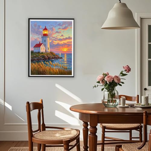 Seaside Lighthouse 5D Diamond Art Kit for Adults Full Drill Canvas | 12x16 inch canvas, complete tool set, DIY wall art, relaxing craft, seaside lighthouse scene - color: QD153