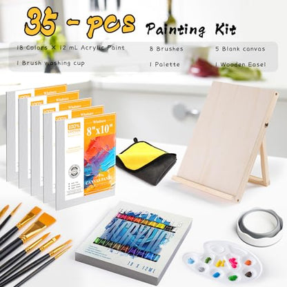 Paint Set for Kids & Adults with 18 Acrylic Paints,Canvas & Easel | 18 acrylic paints,5 canvas panels and an easel for family painting,school projects and creative weekends - color: 18color+35pcs -01