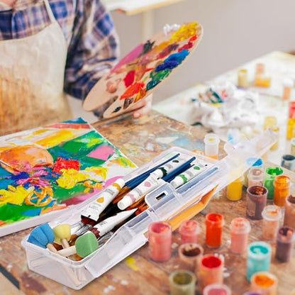 BTSKY 1 Pack Clear Plastic Painting Brush Container with Yellow Handle, Portable Long Paintbrush Case, Drawing Tools Storage Box, Practical Art Supply Organizer for Artist Crafters, 13.1"x3.7"x2.4"