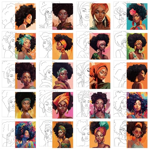Sherr 20 Pcs Pre Drawn Canvas Afro Queen for Painting for Adults | Bulk 8" x 10" Pre Stretched Outline Painting Boards African American for Beginners Students, Party Favor - style: Vivid