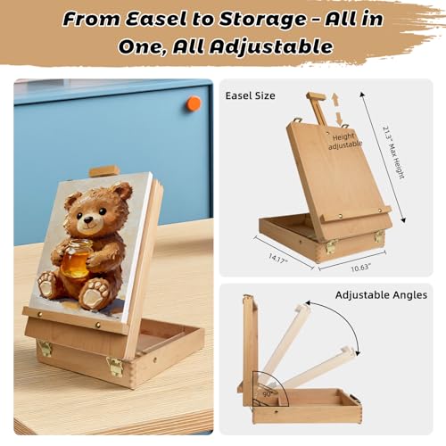 Portable Tabletop Easel Set 36-Piece Acrylic Paints Brushes Canvas DIY Pad | Wooden art kit with 24 acrylic paints, brushes, stretched canvas, storage box, non-toxic travel-friendly starter - size: art easel box-36pk