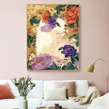 ZRIZQ Cat Paint by Numbers Kit for Adults Beginner,Flowers,16x20 | Full set with wooden brushes,rolled canvas,rich paints.Calming activity.Beginner friendly.Just open and paint. - color: 16"X20"Rolled Canvas(Frameless)-Cat 9