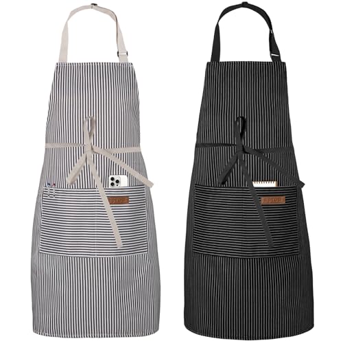 Serrenf 2 Pack Apron, Cooking Kitchen Aprons, Adjustable Bib Apron with 2 Pockets for Men Women Chef Apron - color: Black/Brown Pinstripe