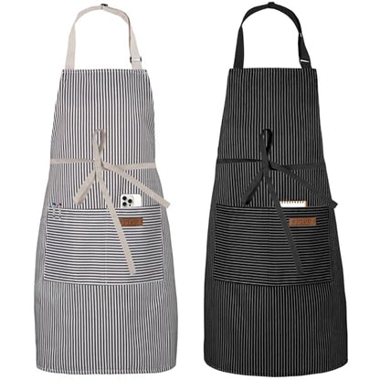 Serrenf 2 Pack Apron, Cooking Kitchen Aprons, Adjustable Bib Apron with 2 Pockets for Men Women Chef Apron - color: Black/Brown Pinstripe