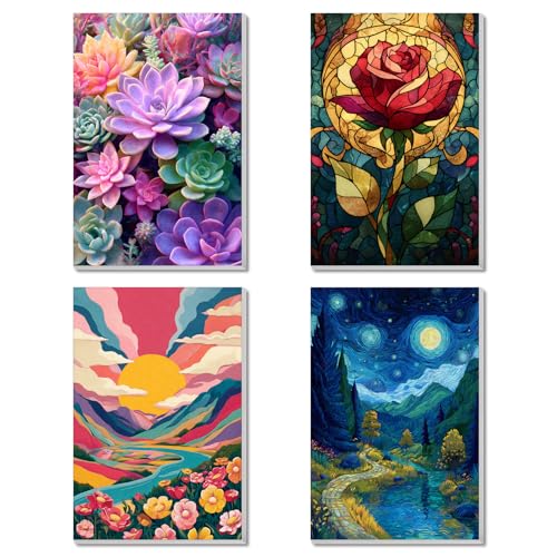 4 Pack Framed Paint by Numbers Kit for Adults Beginner Canvas Painting by Numbers for Adults Cactus Plants Easy Adult Paint by Number Kits with Frame Rose Flowers Watercolor Painting by Number 8x12 In - color: YFa0508