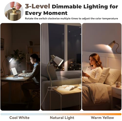 LALISU Desk lamp Eye-Caring Table Lamps 360°Rotation Gooseneck Clip on Lamp - color: White and Gold