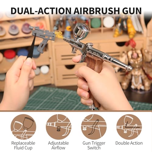 Bucasso Airbrush Kit, Air Brush Spray Gun with 0.3mm/0.5mm/0.8mm Needles/Nozzle Sets, 3cc/7cc/11cc Replaceable Fluid Cup for Painting Model Nails Cake Tattoo Makeup - color: W002-Walnut