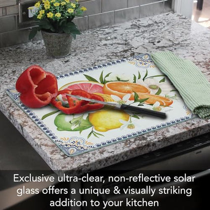 CounterArt Mediterranean Citrus Tempered Glass Cutting Board 12" x 15" | 3mm Thick, Serving Board, Charcuterie Board - color: Mediterranean Citrus