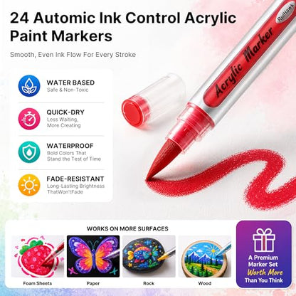 RuiHawk 3D Magic Foam Texture Painting Kit, 75 Pcs Puff Paint Art Supplies for Kids with 24 Auto-Flow Markers, 38 Texture Sheets & 10 Bead Necklace, Non-Toxic Creative Arts Crafts for Kids Ages 4-16