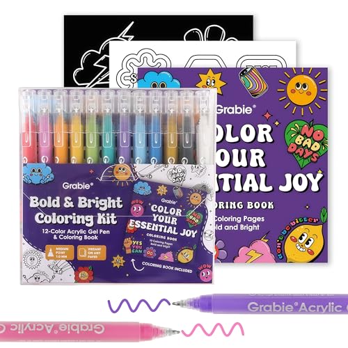 Grabie Acrylic Gel Pens Coloring Kit with Book, Pack of 12 Essential Colors | 1.0mm Medium Tip Gel Pens, Great for Adult Coloring & Journaling, Smooth Colors for Creative Art, Gift Set for Art Lovers - color: Essential Colors