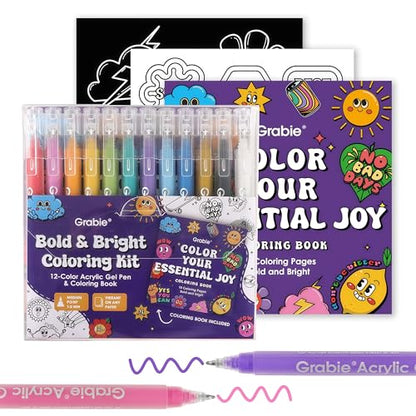 Grabie Acrylic Gel Pens Coloring Kit with Book, Pack of 12 Essential Colors - color: Essential Colors