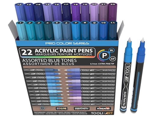 Acrylic Paint Pens 22 Blue & Purple Tones Assorted Pro Color Series Markers Set 0.7mm Extra Fine Tip for Rock Painting, Glass, Mugs, Wood, Metal, Canvas, Projects, Non Toxic, Waterbased, Quick Drying - color: BLUE XF