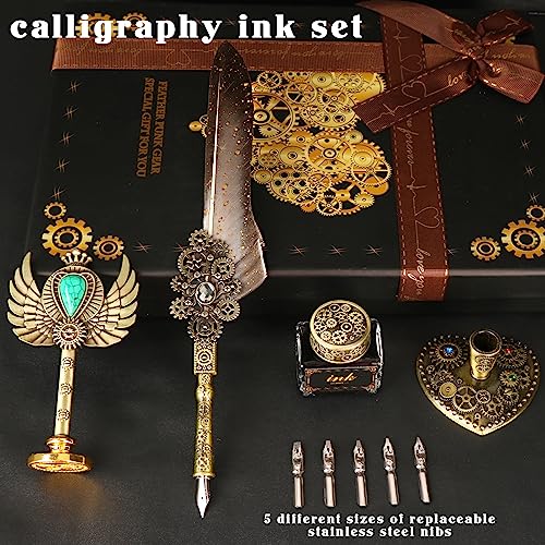Feather Quill Calligraphy Pen Set With Ink and Wax Seal Stamp - Beautiful Gift Set for Christmas - Grey - color: Grey