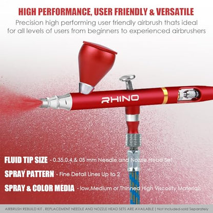 Rhinowisdom Airbrush Kit - Airbrush Gun Set Dual-Action Gravity Feed with 0.35, 0.4 & 0.5mm Needle Sets - Air Brush Set with 2 1/3 oz Replacement Cups for Nails Model Painting Cake Tattoo Makeup