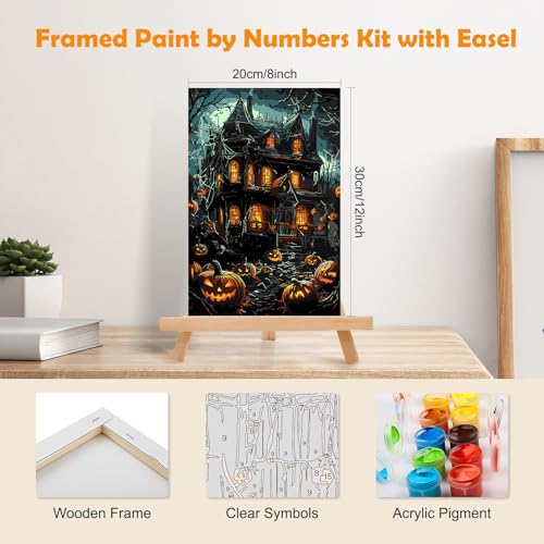 MOGTAA Halloween Paint by Numbers Kit for Adults Beginners with Frame, Pumpkin Castle Adult Paint by Number Kits on Canvas with Easel, Easy DIY Oil Painting Kits for Home Decor, 8x12in - color: Halloween