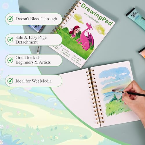 Elvendreth Drawing Paper Pad, 5x7.5 Inch, 140lb/300gsm No Bleed-Through Watercolor Paper, Spiral-Bound/Tear-Line, 30 Sheets for Adults, Kids, Artists -Watercolor Book, Exercises & Mixed Media