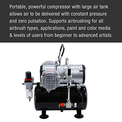 Master Airbrush TC-828 Airbrush Compressor with Tank- 1/4 HP Twin Cylinder, 3L Air Tank, 46L/Min Flow, Dual Air Brush Support, True Diaphragm Regulator, Portable - Ideal for Artists, Studios - style: Dual Piston with Tank