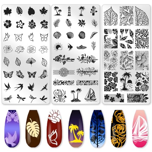 3Pcs Floral Leaves Nail Stamping Plate Set Lace Seaside Nail Stamp Templates French Tip Nail Art Stamp Plates Butterfly Image Plate Reusable Tools with Stamper Scraper for Manicure Printing - style: Botanical Style
