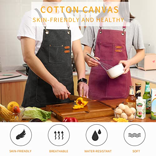 Tosewever Canvas Cross Back Chef Cotton Aprons for Men Women with Large Pockets - color: Dark Red