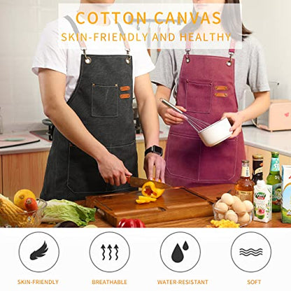 Tosewever Canvas Cross Back Chef Cotton Aprons for Men Women with Large Pockets - color: Dark Red