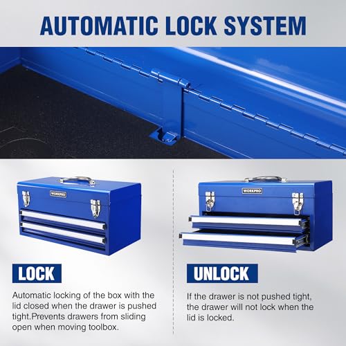 WORKPRO Tool Box with Drawers, 18 Inch with 2 Drawers and 1 Top Storage, Portable Toolbox with Metal Latch and Liner for Garage, Office and Home Storage, 100 LBS Load Capacity (Totally) - size: 18 Inch